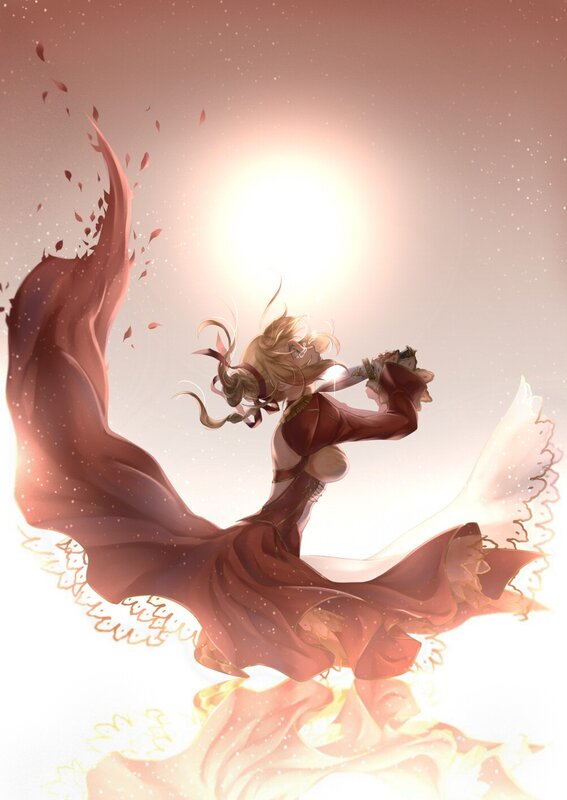 Blonde woman in red dress dancing