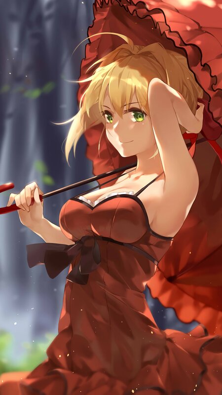 Blonde Woman in Red Dress — Dramatic, Afternoon, Anime, Bow