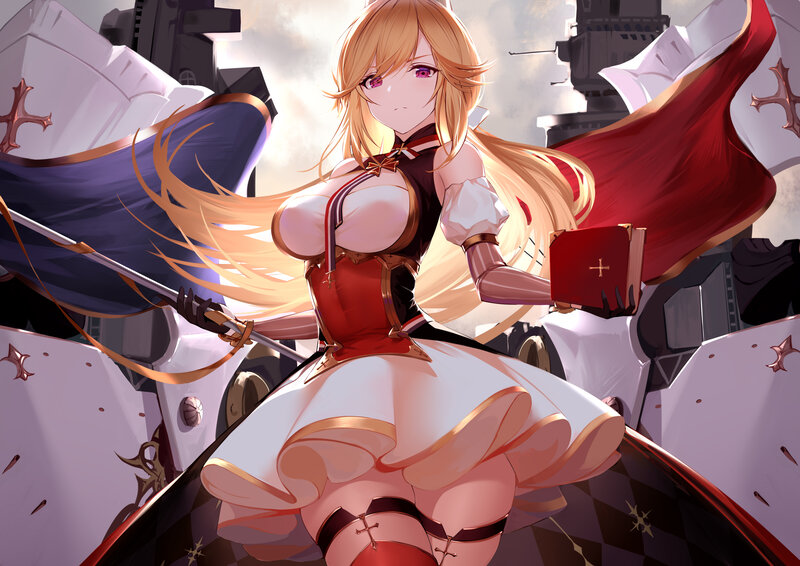 Blonde Woman in Red Dress — Dramatic, Digital Art, Sword