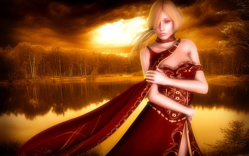 Blonde Woman in Red Dress — Dramatic, Sunset