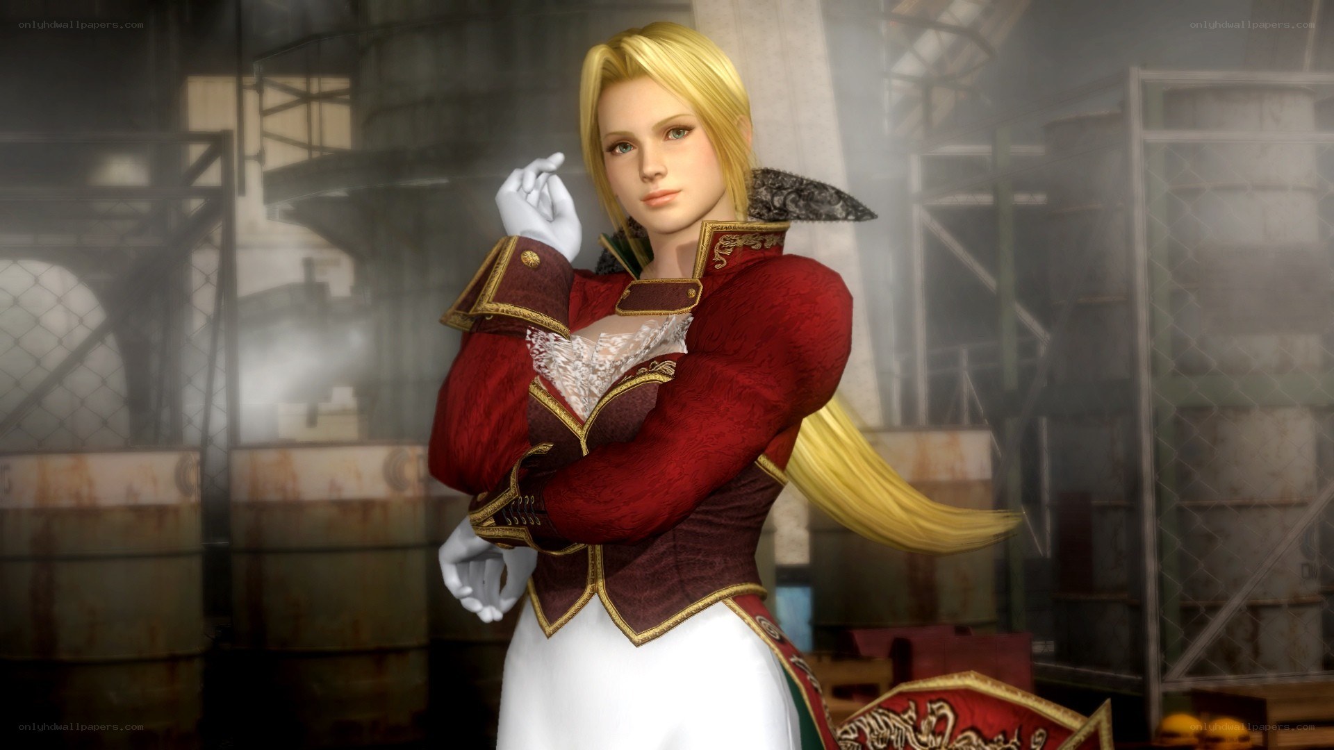 Blonde woman in red jacket