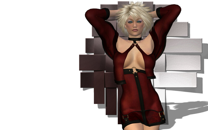 blonde woman in red outfit