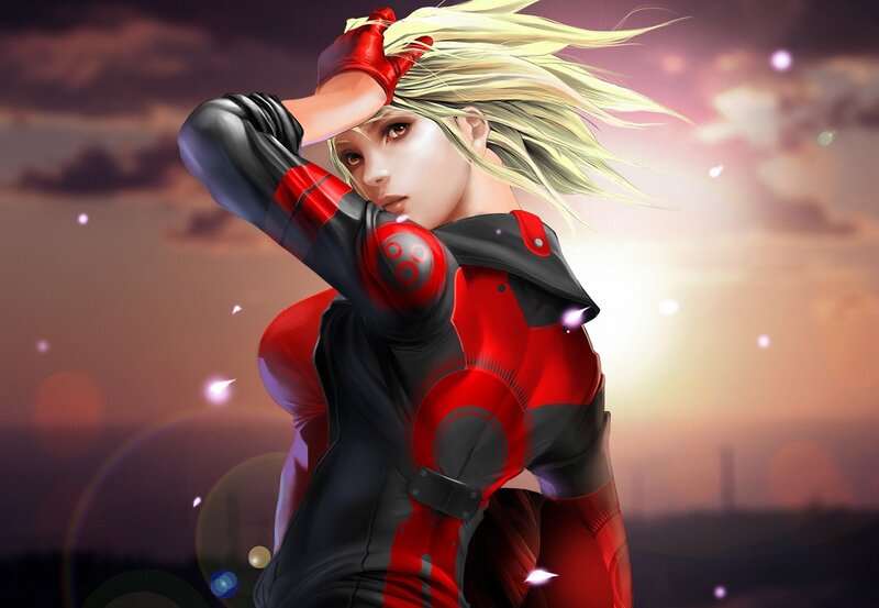 Blonde Woman in Red Suit — Dramatic