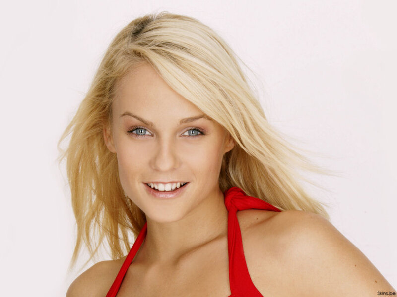 blonde woman in red top