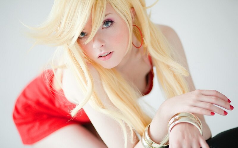 Blonde Woman in Red Top — White