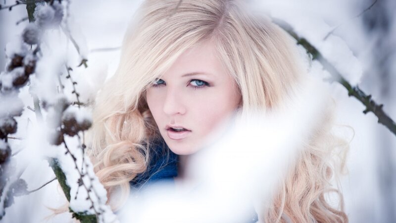 Blonde Woman in Snow — White, Cold, Winter, Photograph