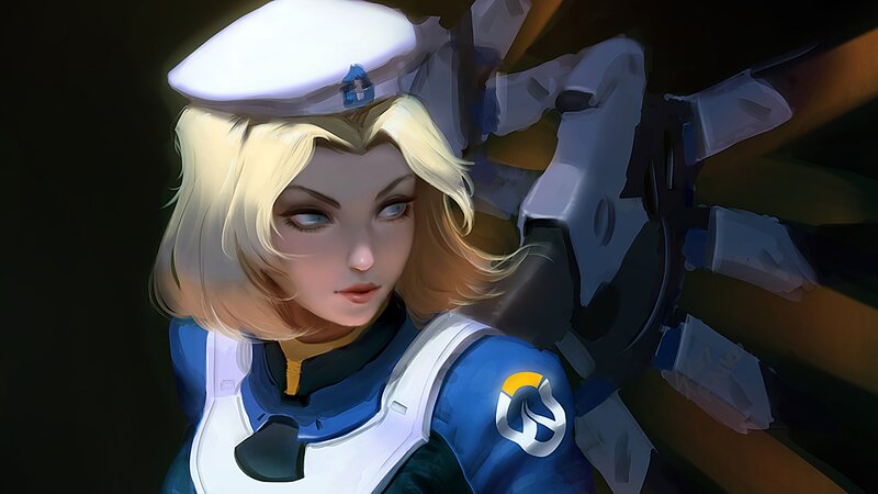 Blonde Woman in Uniform — Blue, Dramatic, Digital Art