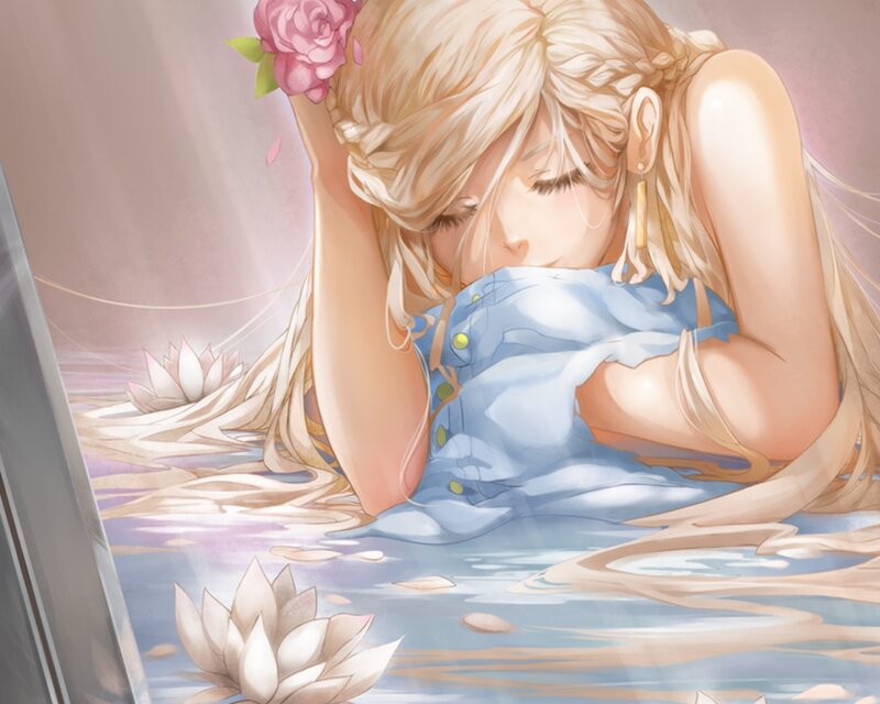 Blonde Woman in Water — Blue, Serene, Digital Art