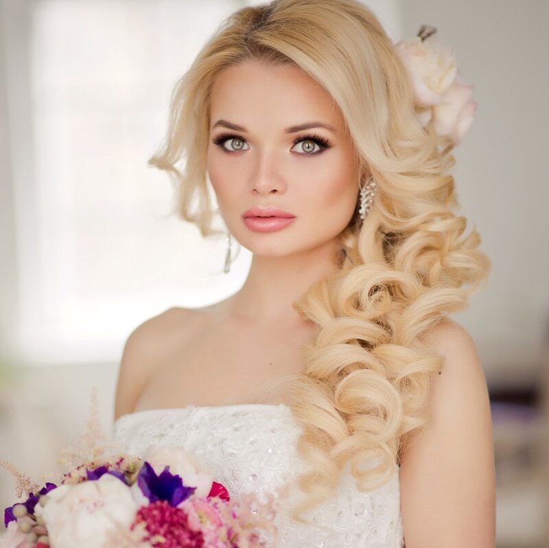 Blonde Woman in Wedding Dress — White, Serene, Photograph, Flower Bouquet