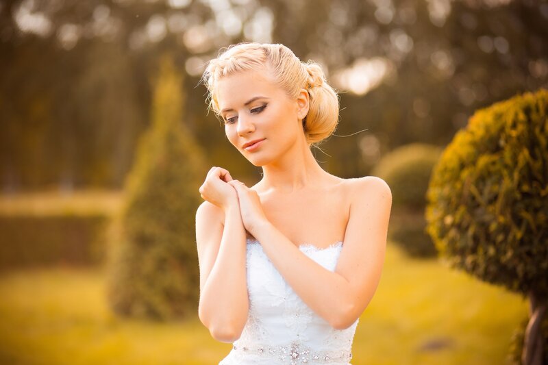 Blonde Woman in Wedding Dress — White, Serene, Sunset