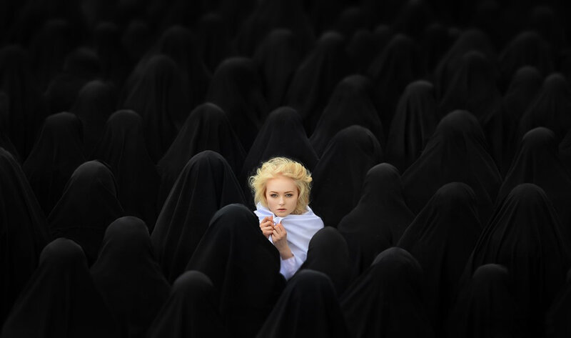 Blonde Woman in White — Black