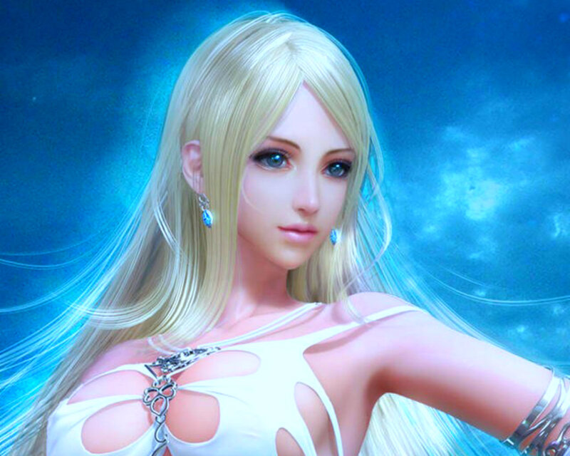 Blonde Woman in White Dress — Blue, Serene, 3d Render