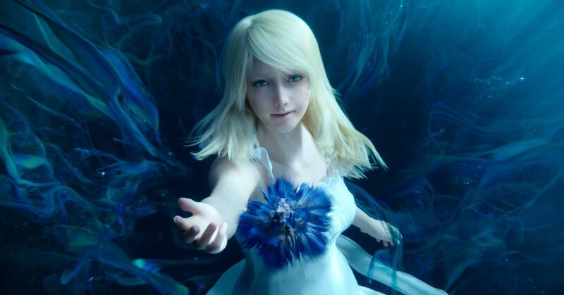 Blonde Woman in White Dress — Blue, Serene, Mysterious