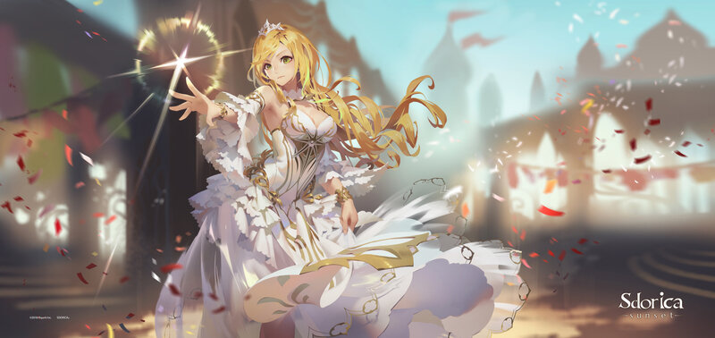 Blonde Woman in White Dress — Celebratory