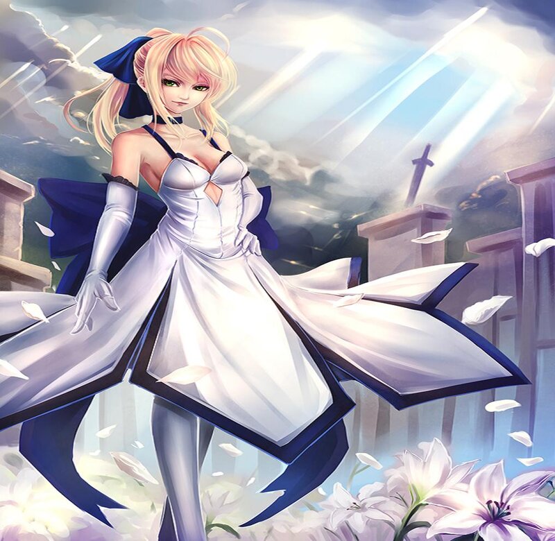 Blonde Woman in White Dress — Dramatic, Digital Art, Sword