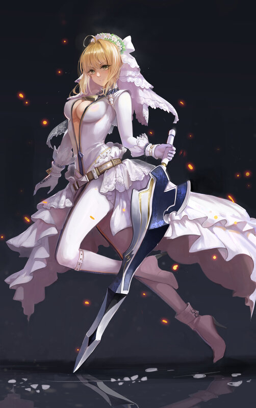 Blonde Woman in White Dress — Dramatic, Night, Digital Art, Sword