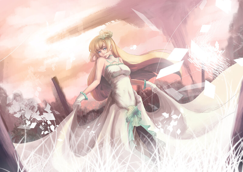 Blonde Woman in White Dress — Dramatic, Sunset