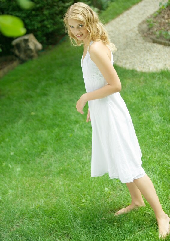Blonde Woman in White Dress — Green, Serene