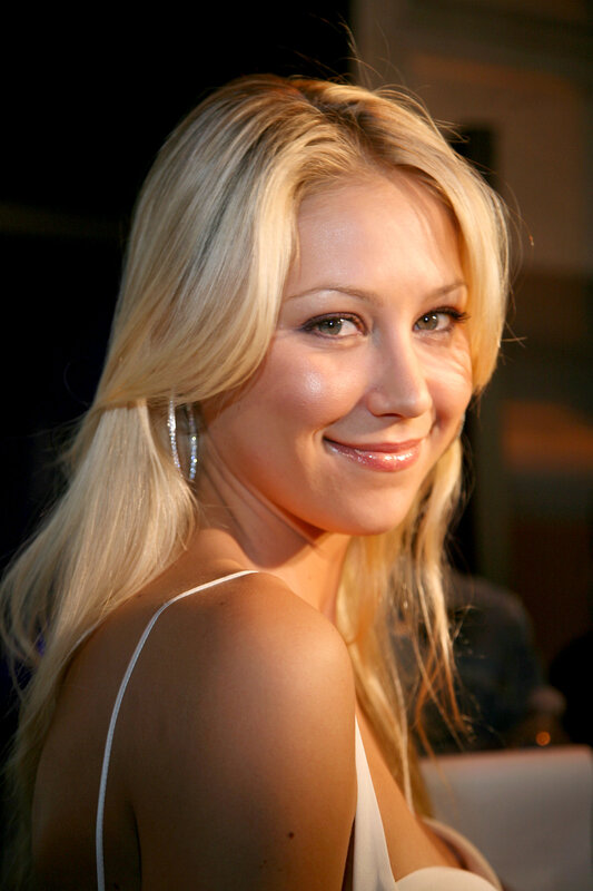 Blonde Woman in White Dress — Smiling