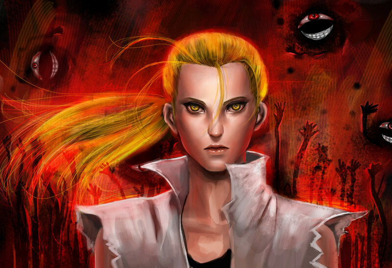 Blonde Woman in White Jacket — Red