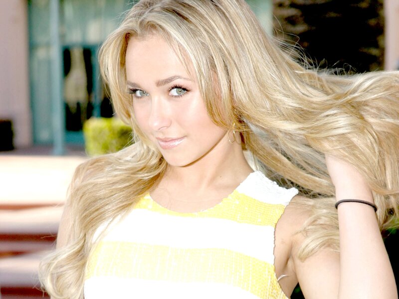 blonde woman in yellow and white dress