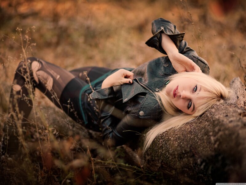 Blonde Woman Lying Down — Brown, Calm, Autumn, Photograph, Leather Jacket