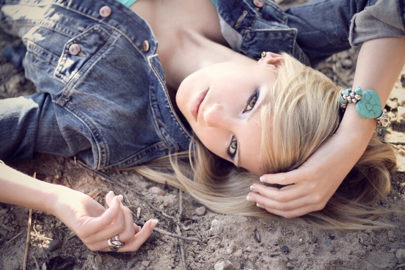 Blonde Woman Lying on Ground — Blue