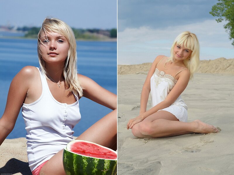 Blonde Woman on Beach — White, Relaxed