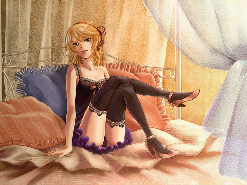 Blonde Woman on Bed — Purple