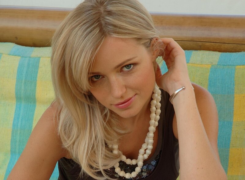Blonde Woman on Bench — Blue, Relaxed