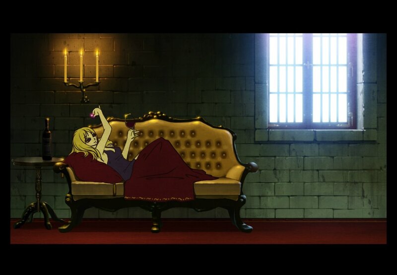 Blonde Woman on Couch — Red, Dramatic