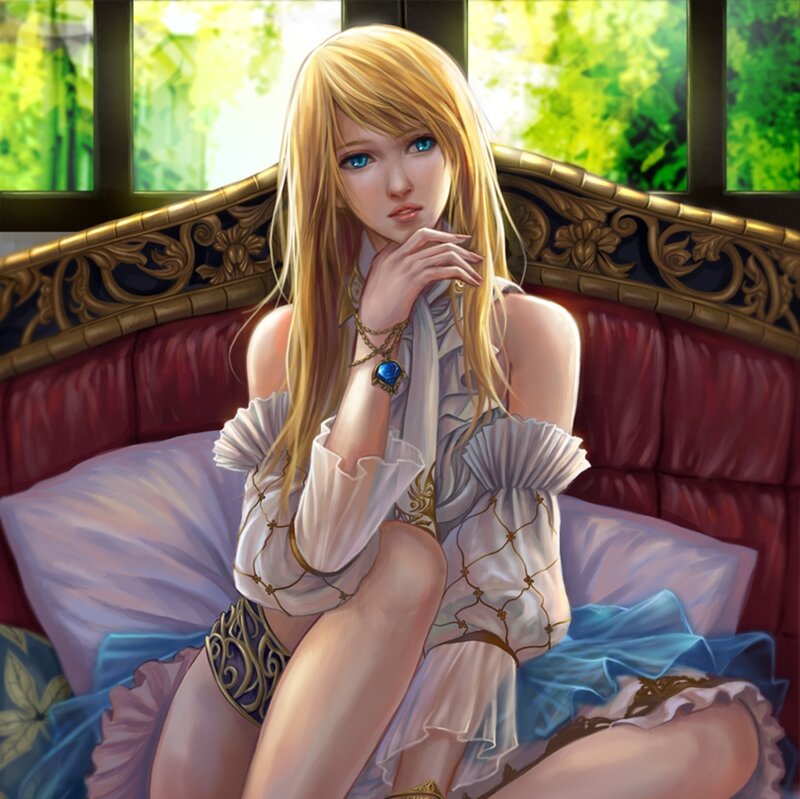 Blonde Woman on Couch — White, Calm