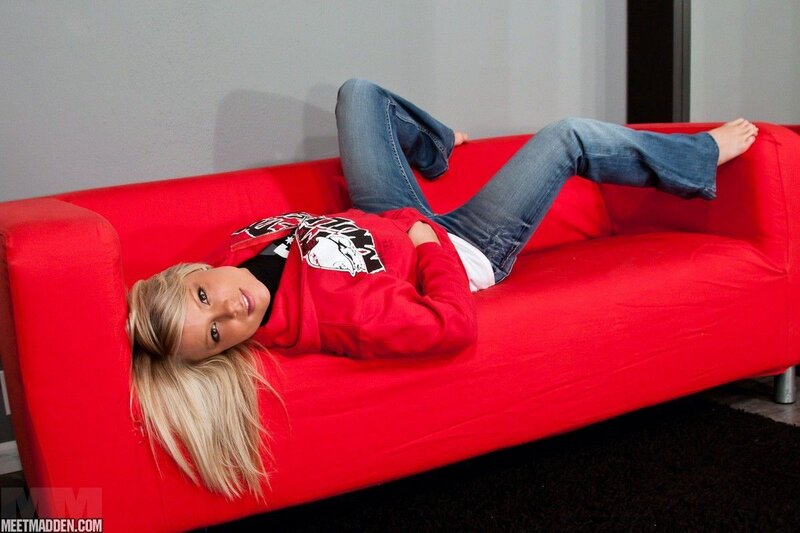 Blonde Woman on Red Couch — Relaxed