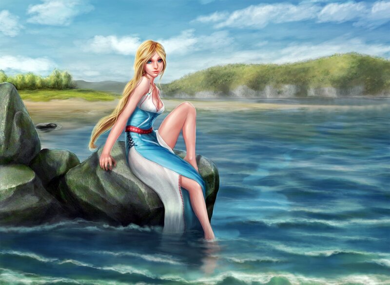 Blonde Woman on Rock — Blue, Serene, Afternoon, Digital Art