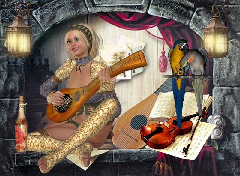 Blonde Woman Playing Lute