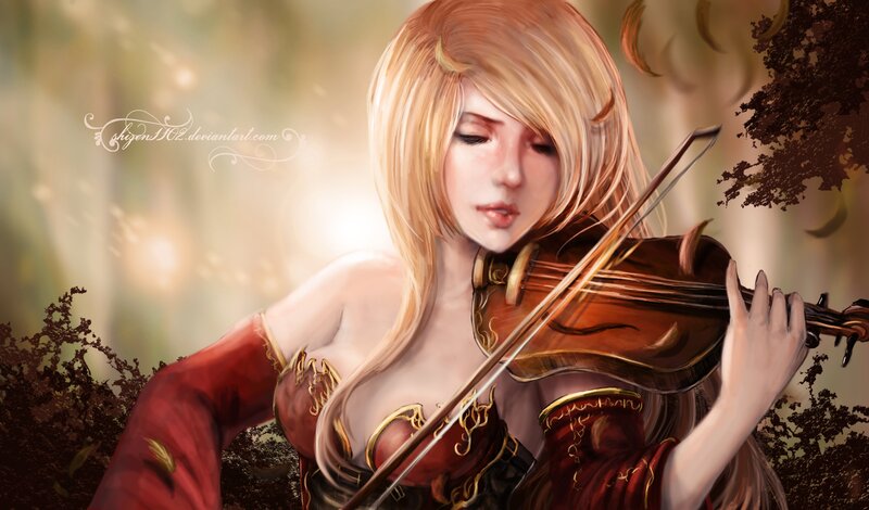 Blonde Woman Playing Violin — Red