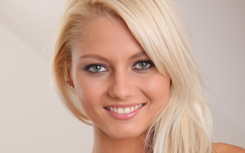 Blonde Woman Smiling — Neutral, Photograph, Earring, White