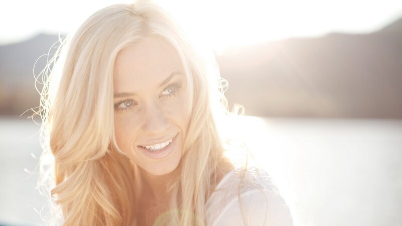 Blonde Woman Smiling — White, Serene, Sunset, Photograph