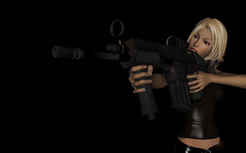 blonde woman with assault rifle