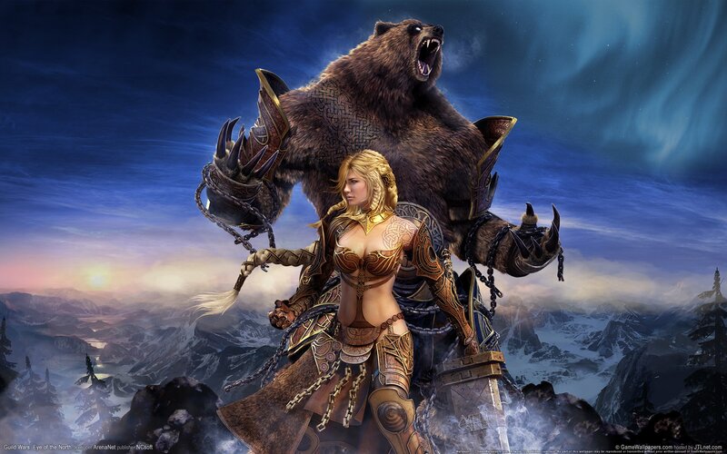 Blonde Woman with Bear — Blue, Dramatic, Night, Digital Art