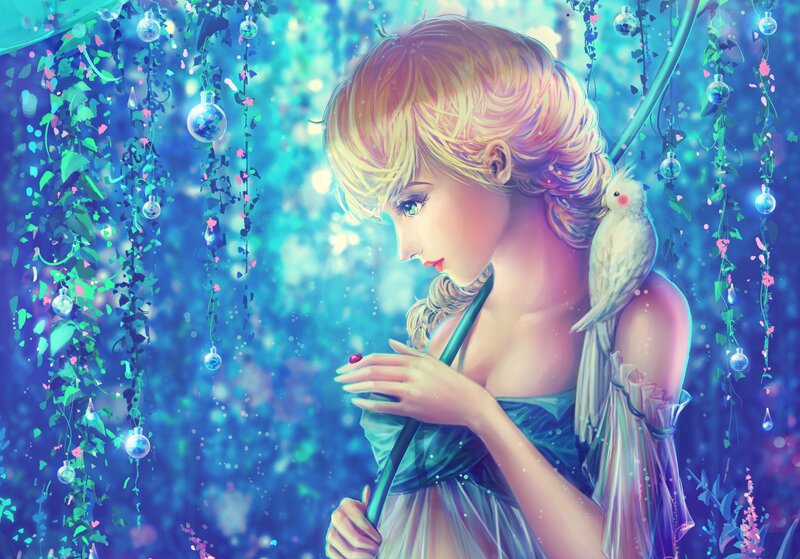 Blonde Woman with Bird — Blue, Serene