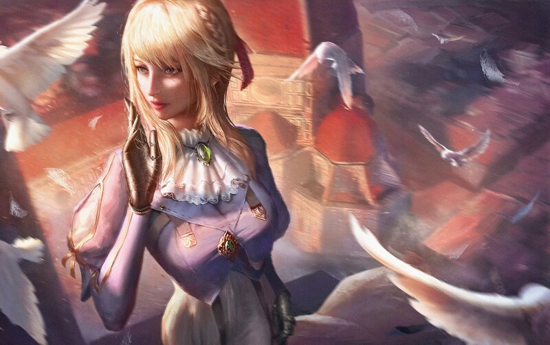 Blonde Woman with Birds — Purple