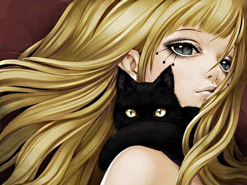 Blonde Woman with Black Cat — Calm, Manga