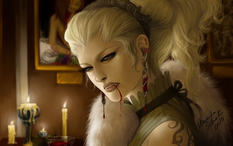 blonde woman with blood dripping