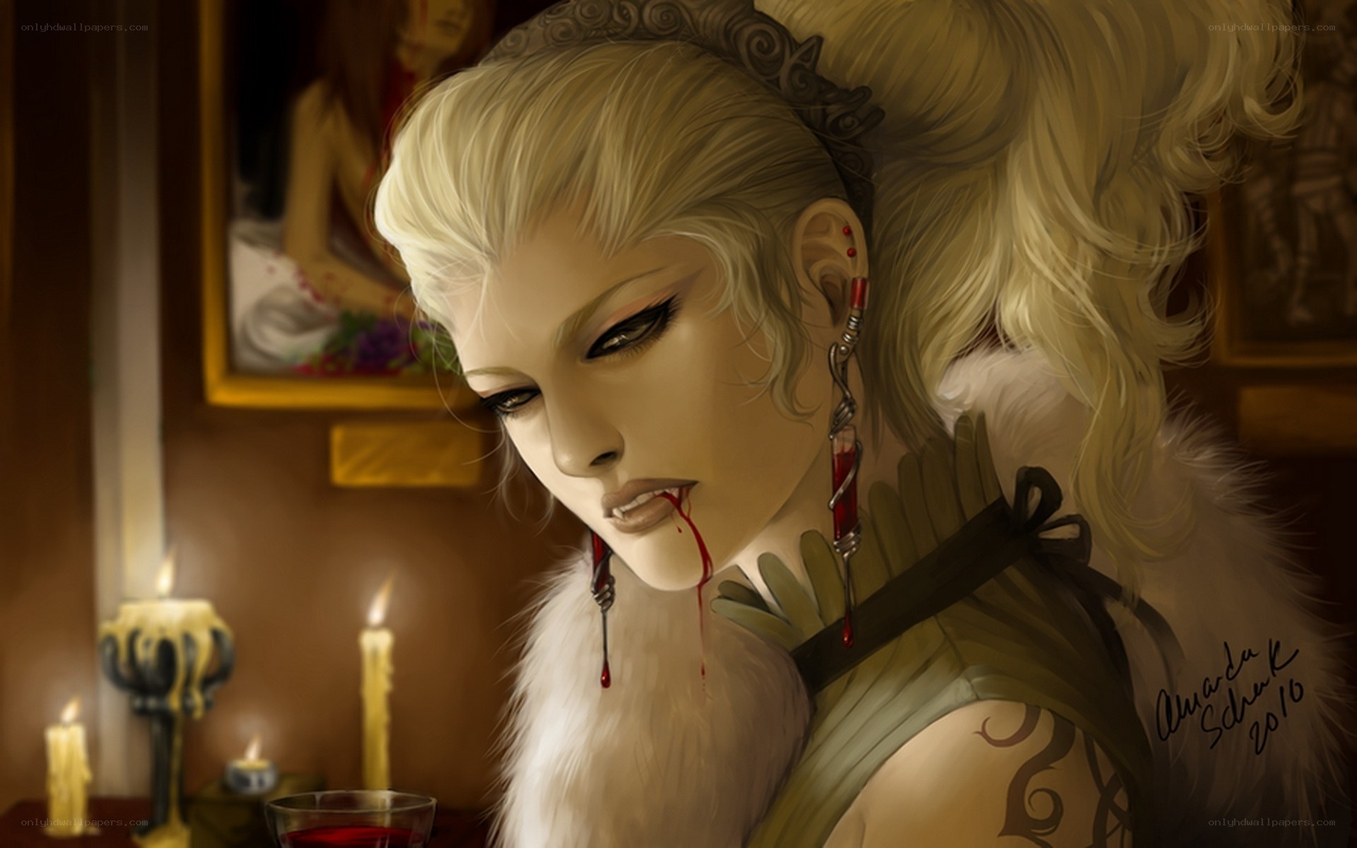 blonde woman with blood dripping