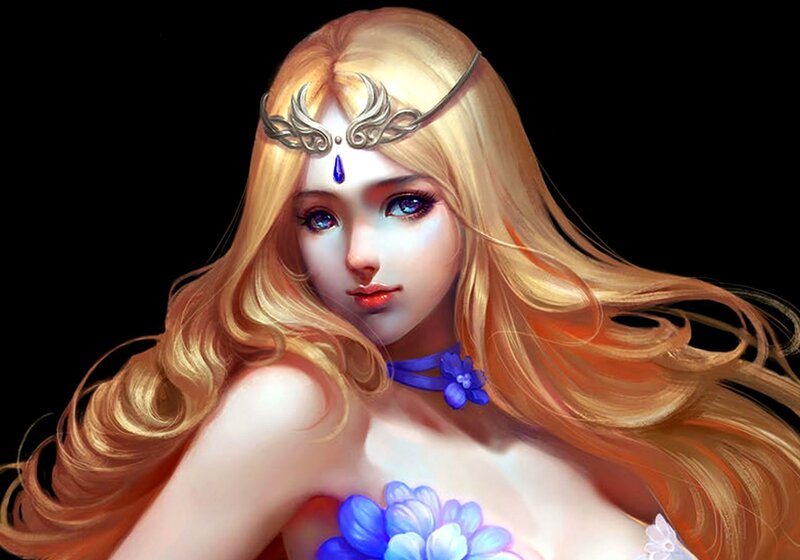 Blonde Woman with Blue Flowers