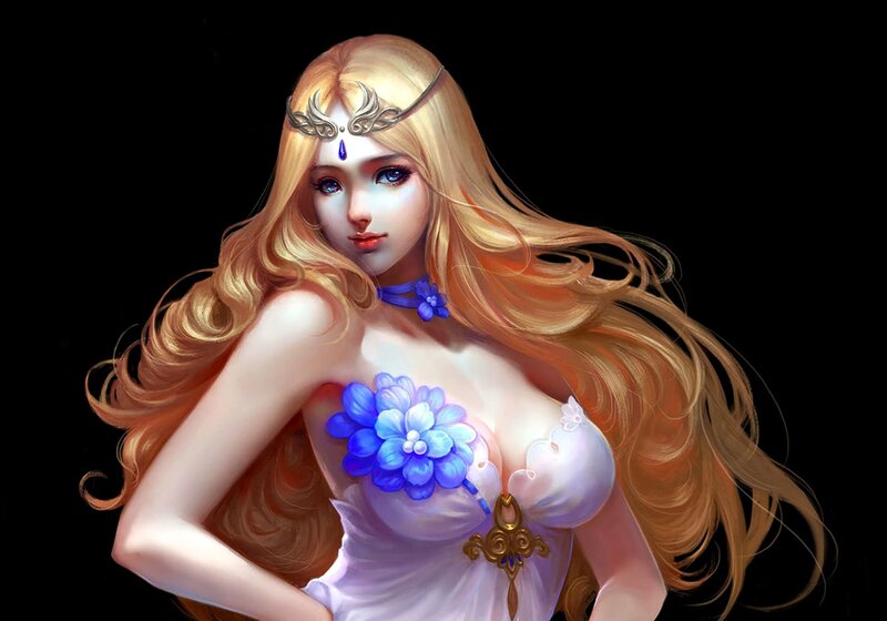 Blonde Woman with Blue Flowers — White