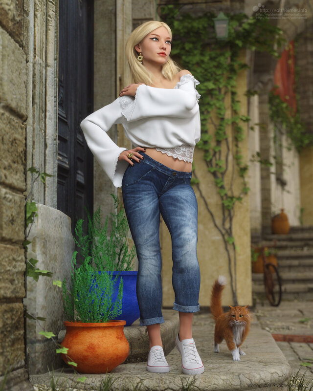 Blonde Woman with Cat — White