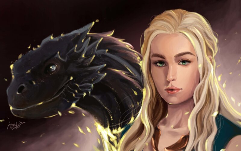 Blonde Woman with Dragon — Black, Dramatic, Digital Art