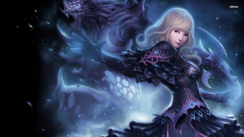 Blonde Woman with Dragon — Blue, Dramatic, Night, Digital Art, Armor